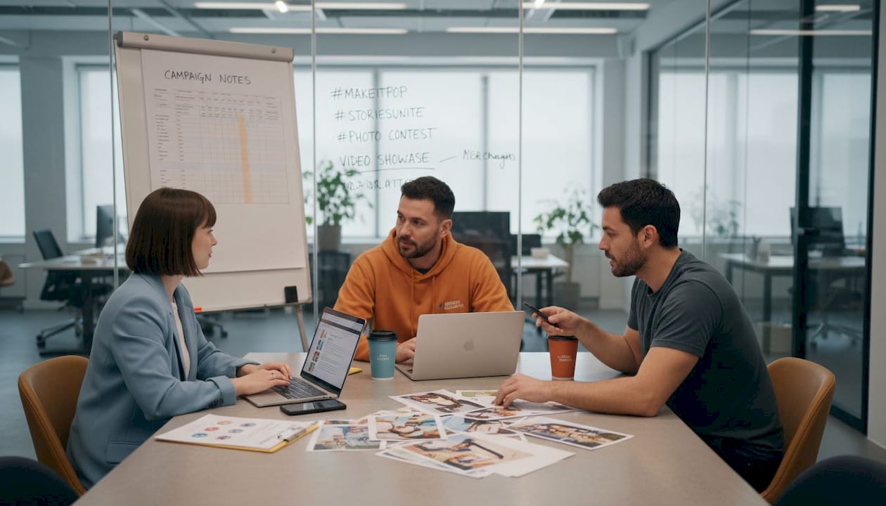 Marketing team planning UGC campaign in office