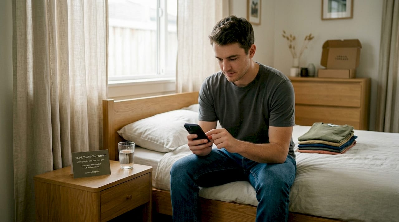 Customer leaving review on phone at home
