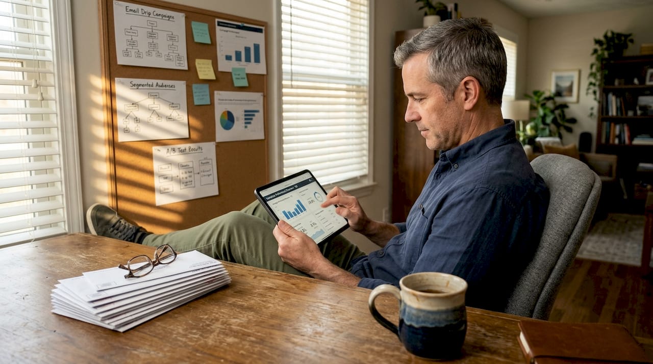 Home office worker checking email metrics