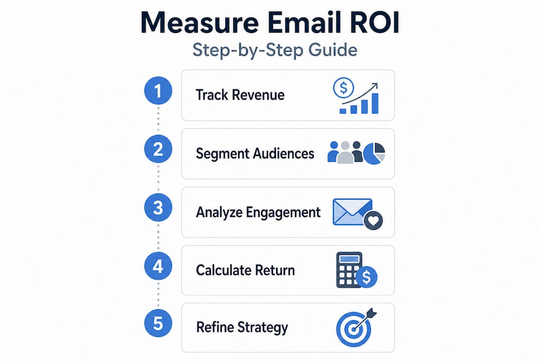 Vertical flow infographic showing email ROI measurement steps