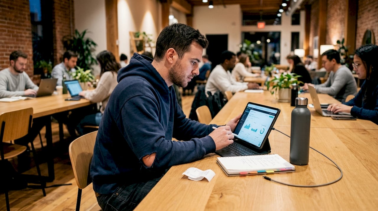 Man configuring email flows on tablet