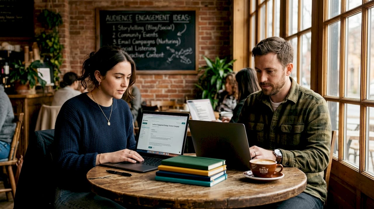 Colleagues working on email marketing collaboration