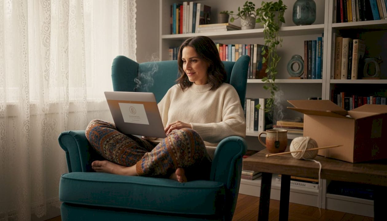 Shopper browsing ecommerce website on sofa