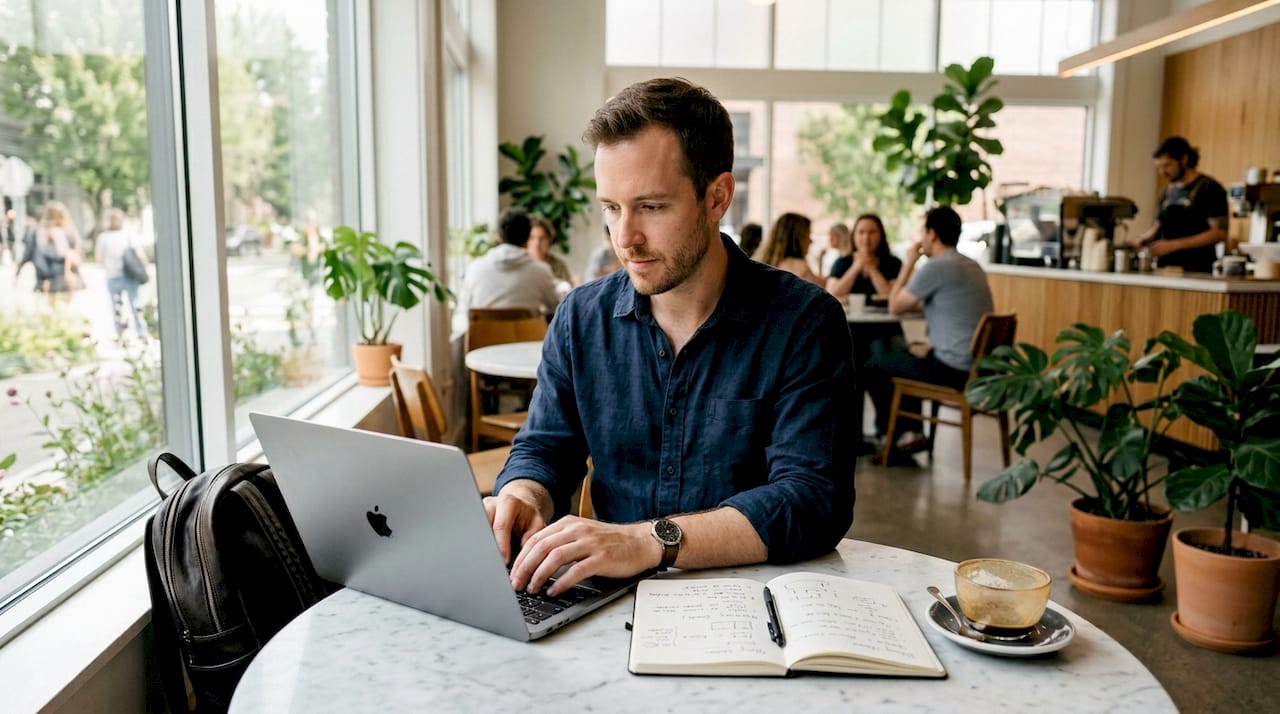 Man using AI content generator at kitchen table