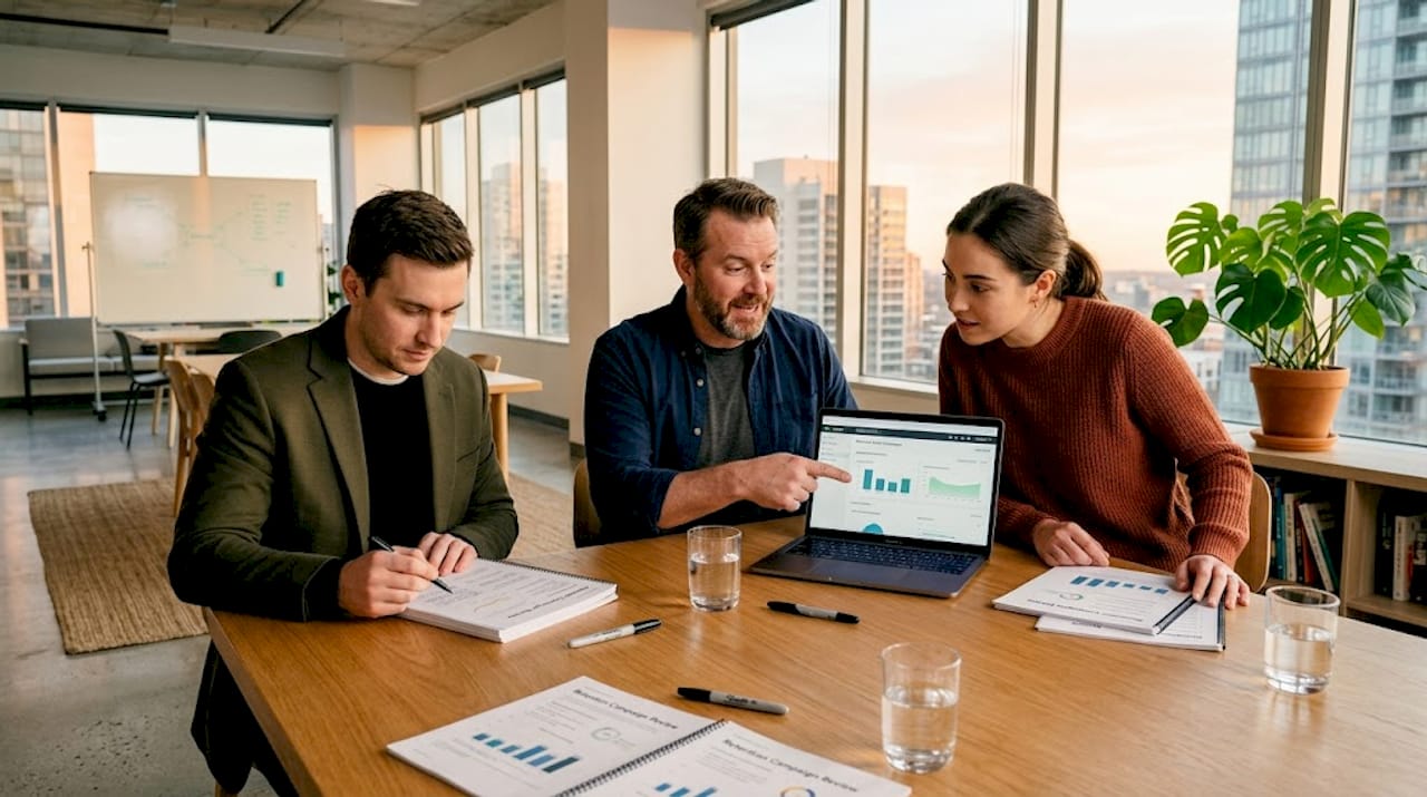 Team discussing retention email strategy reports