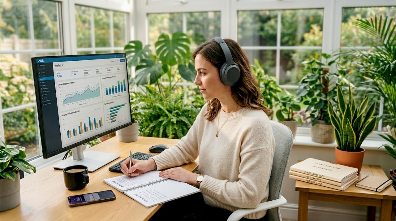 Marketer analyzing online brand metrics at home desk