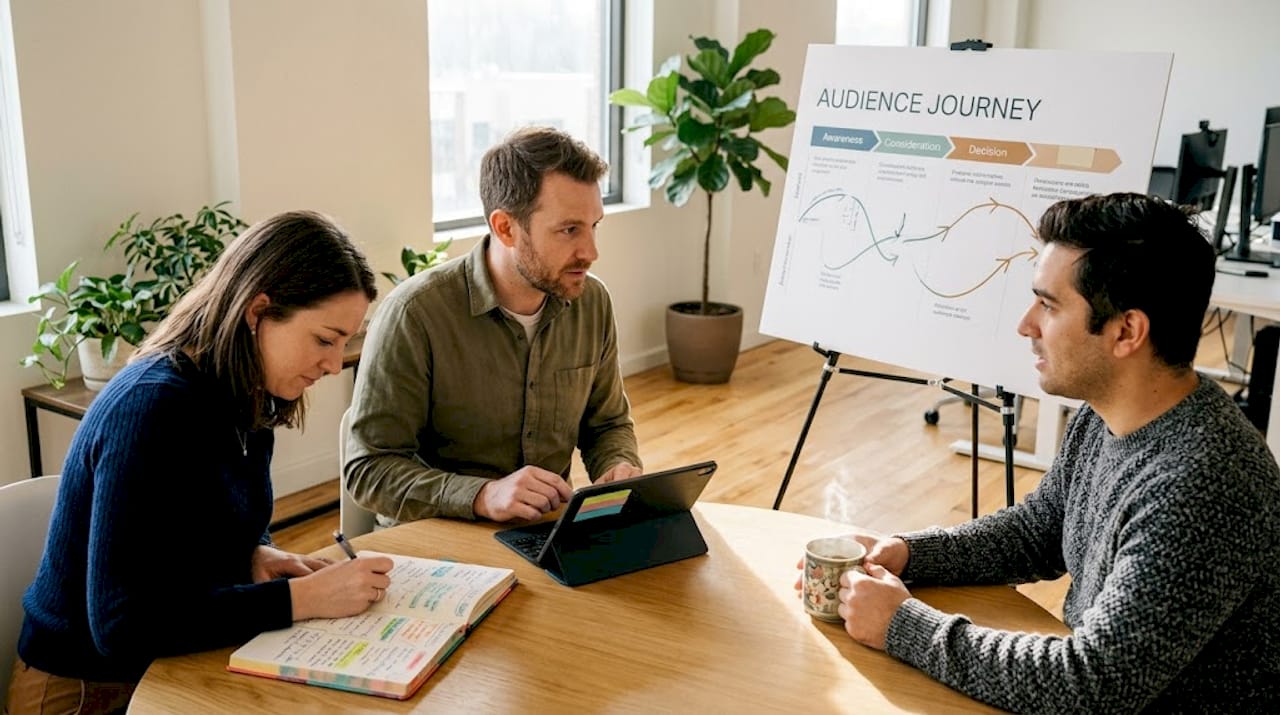 Coworkers mapping content strategy board