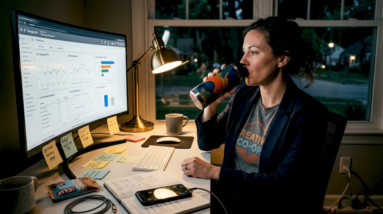 Consultant analyzing reports in late office setting