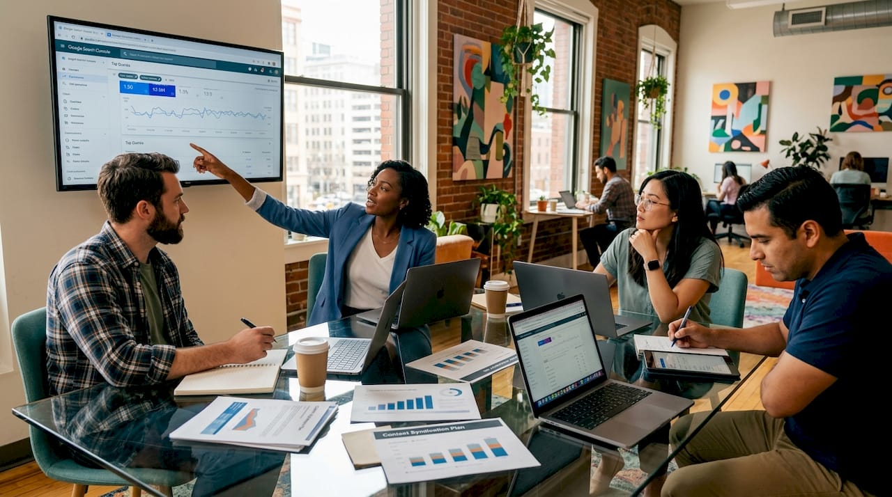 Marketing team discussing syndication strategy
