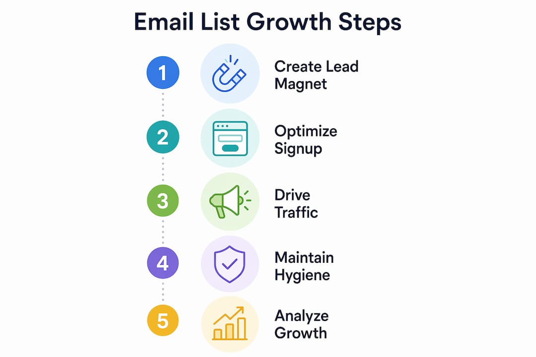 Infographic showing five key email list growth steps