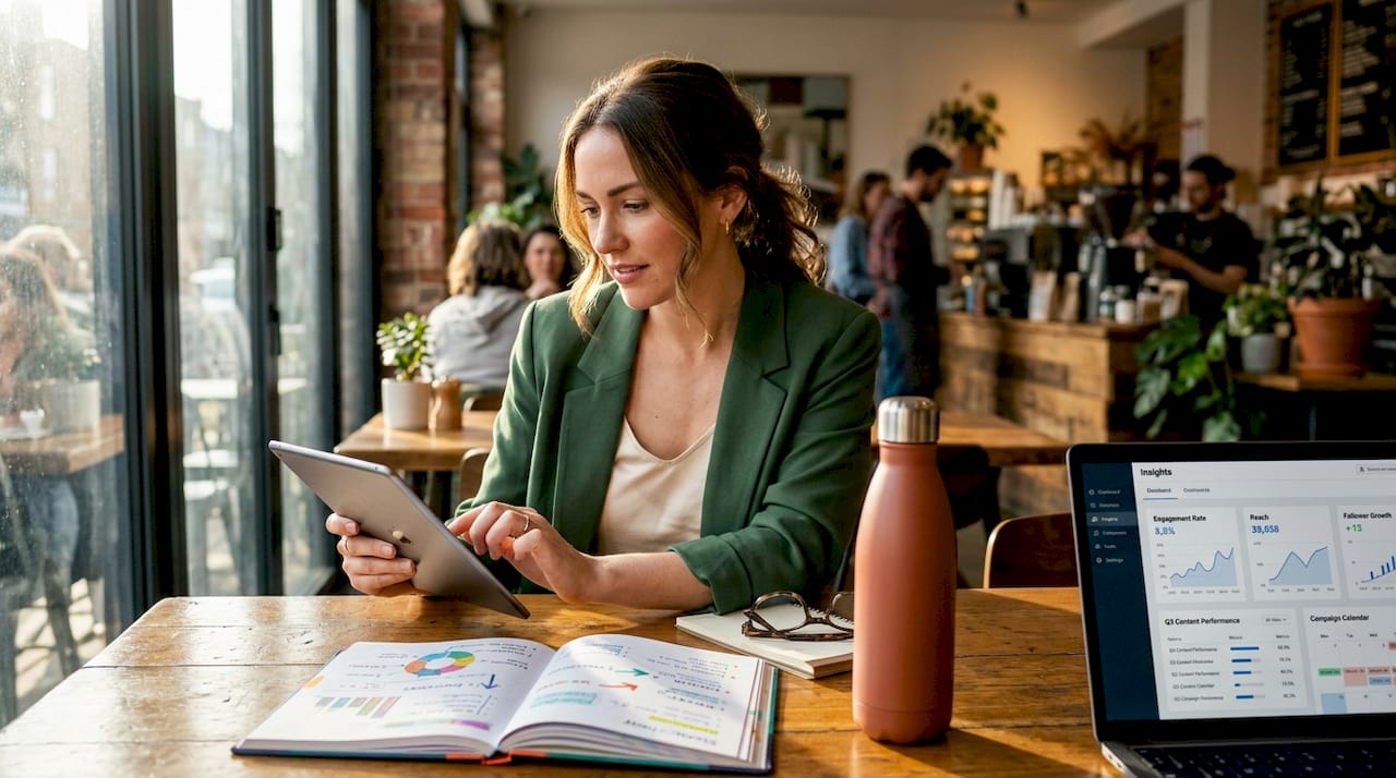 Marketer using tablet to check social media engagement