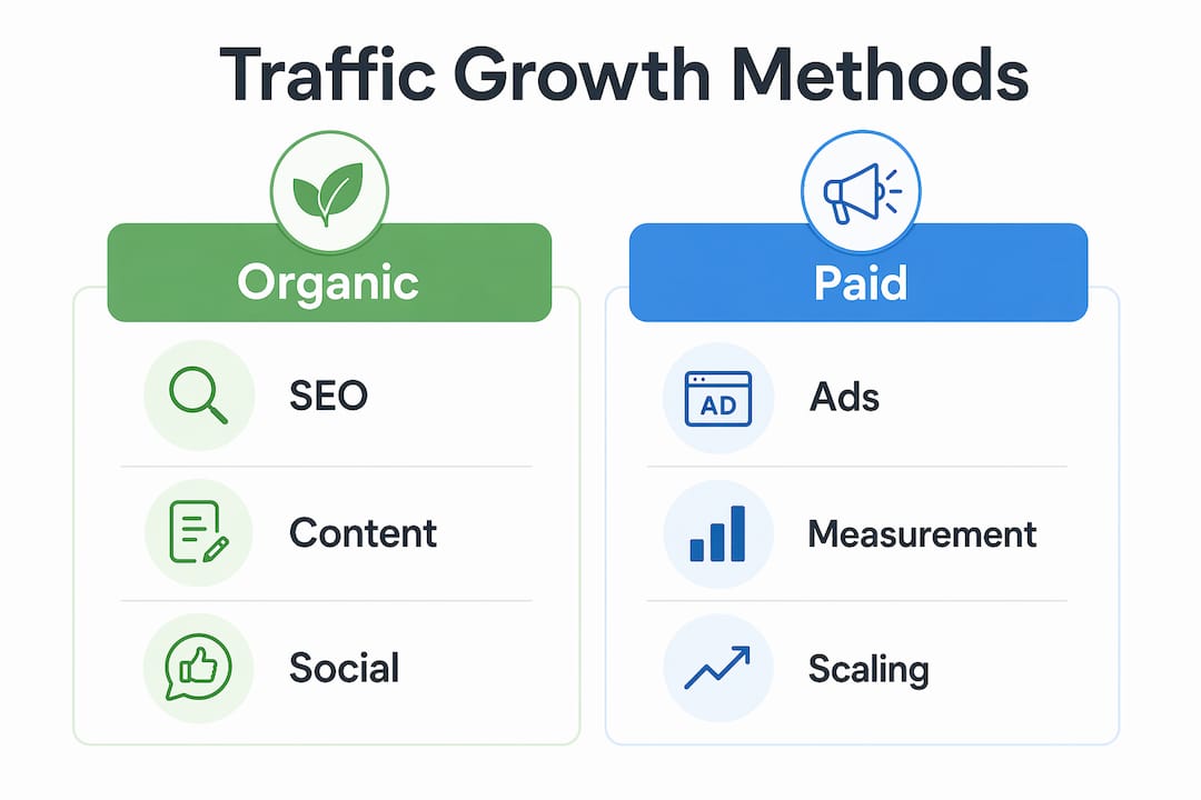Infographic comparing organic and paid traffic strategies