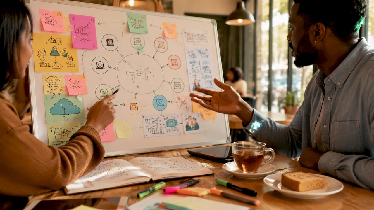 Hands pointing at digital marketing flowchart