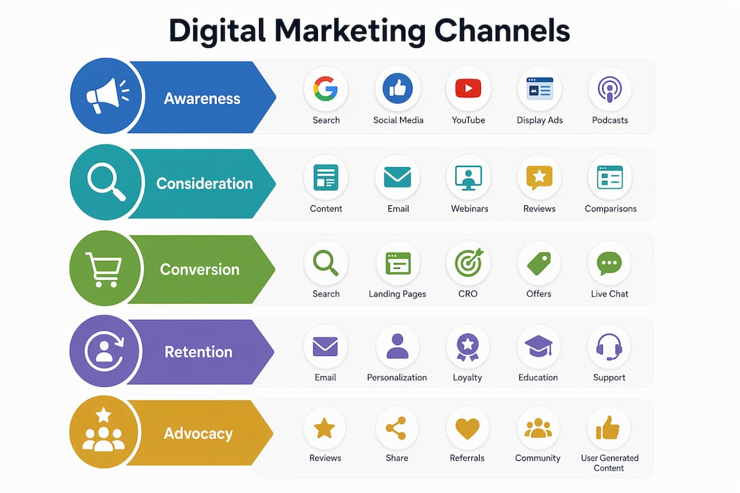 Infographic outlining digital marketing channels as stages