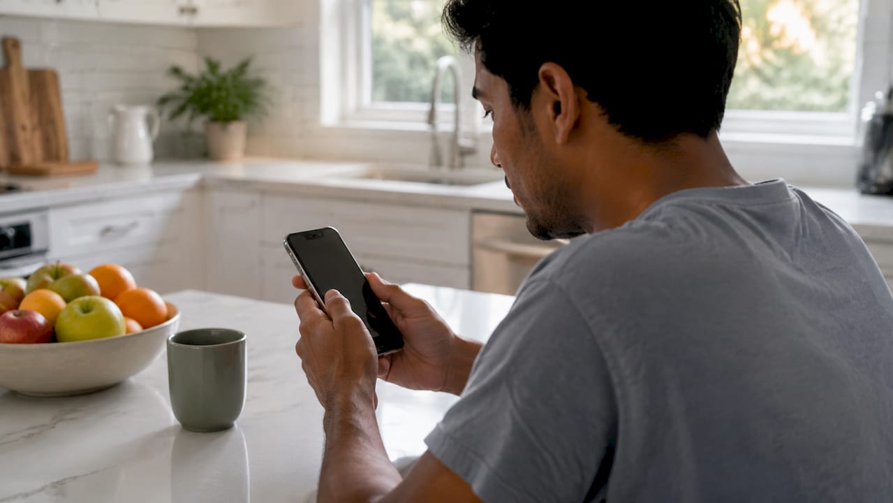 Hands scrolling newsletter on smartphone