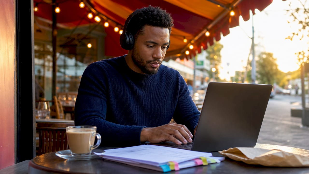 Marketer planning email retention strategy in café