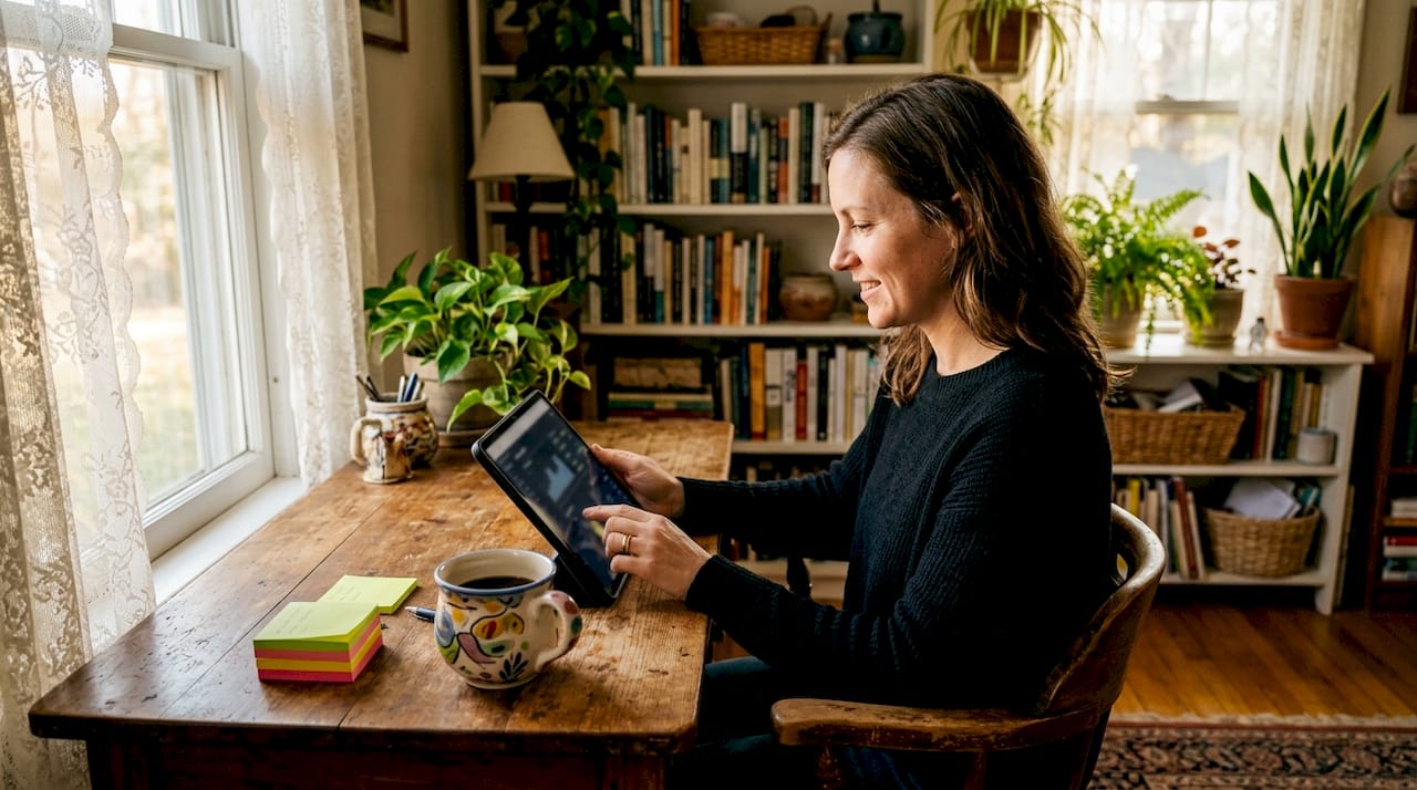 Hands scrolling marketing analytics on tablet