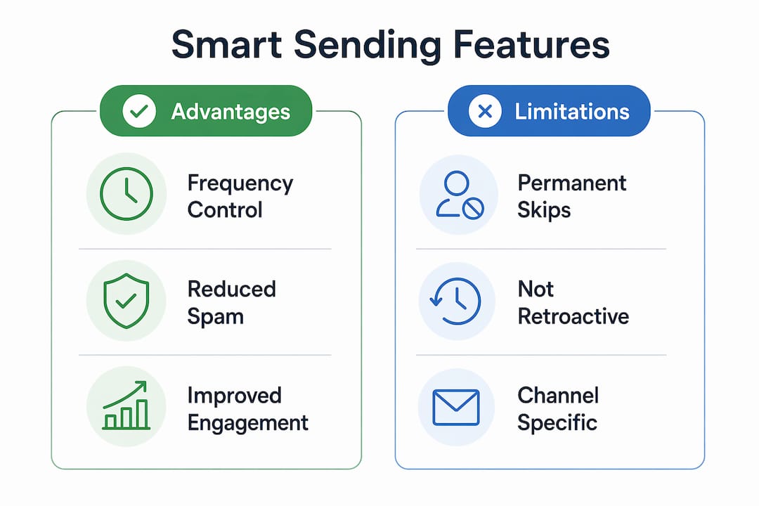 Infographic comparing Klaviyo Smart Sending advantages and limitations