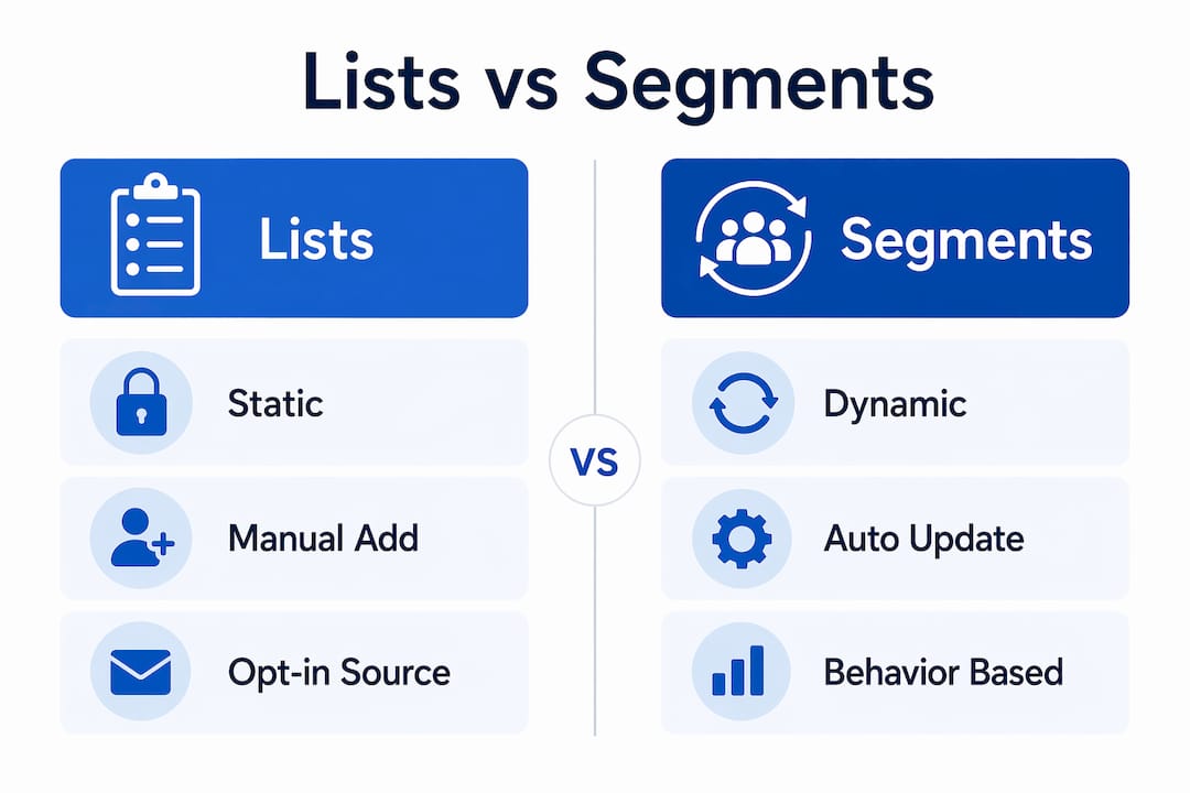 Infographic comparing Klaviyo lists and segments