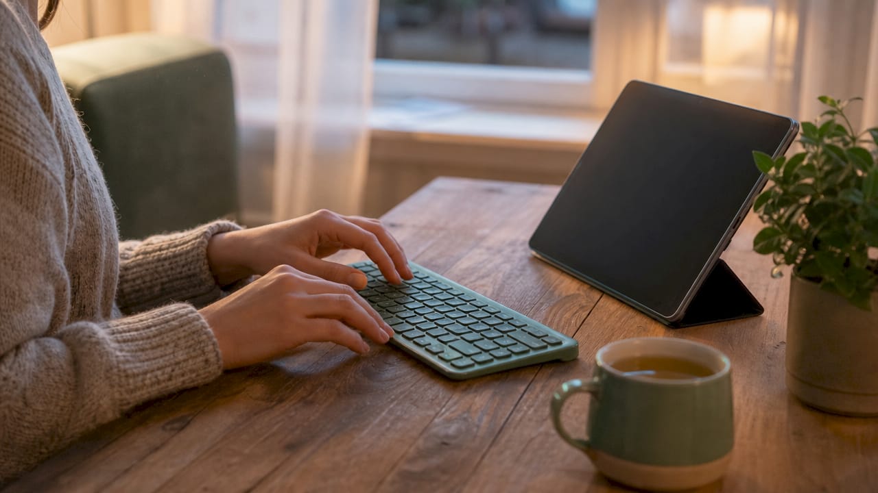 Hands poised to send welcome email