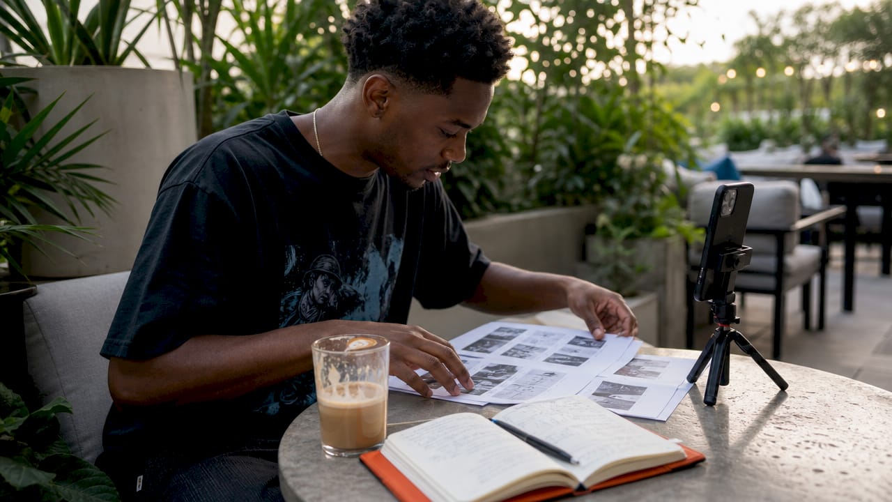 Hands arranging UGC video storyboards in café