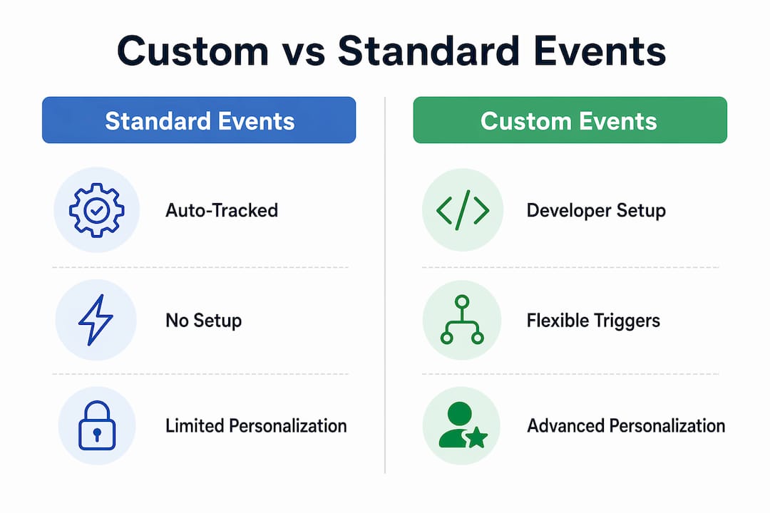 Infographic comparing standard and custom Klaviyo events