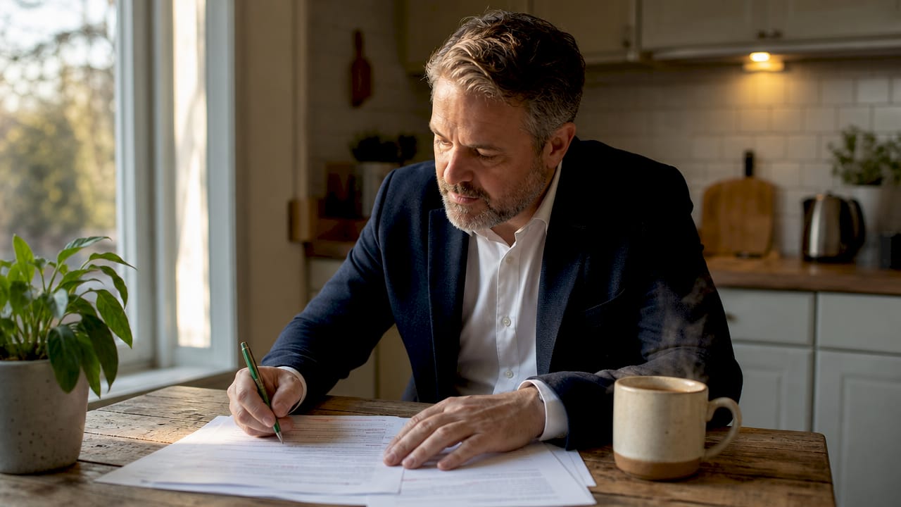 Businessman editing printed bio drafts with red pen