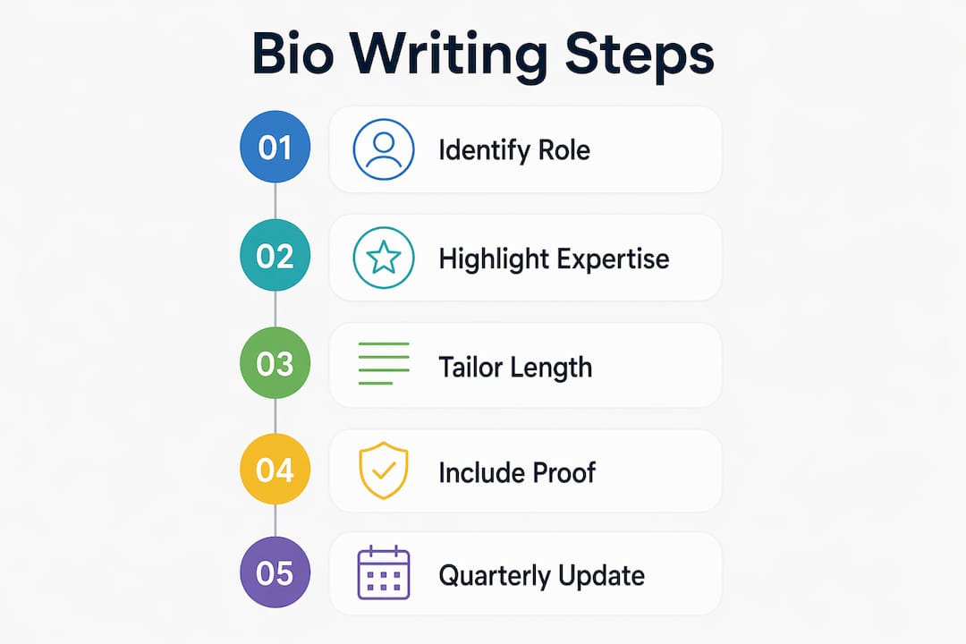 Infographic illustrating steps to write a business bio