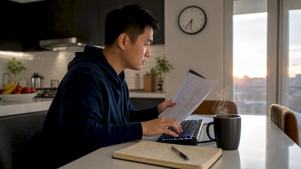 Hands typing on keyboard with email audit documents