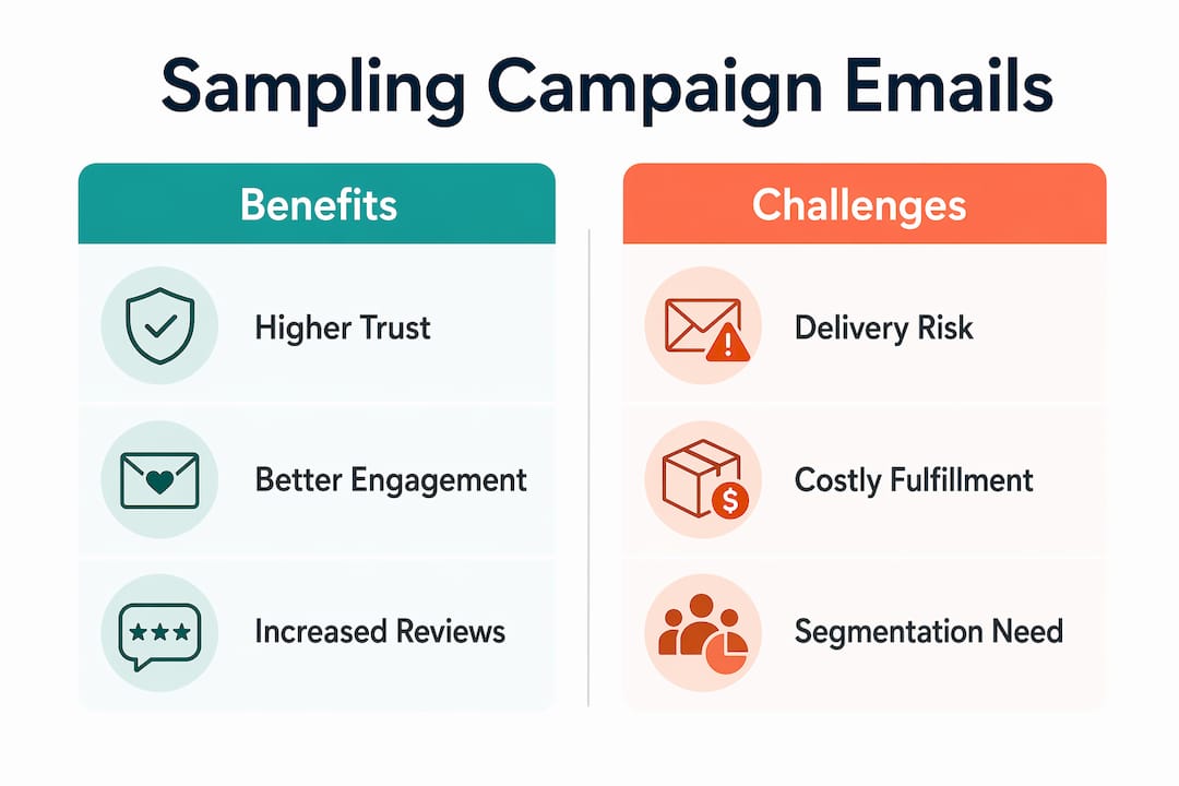 Infographic comparing benefits and challenges of sampling emails