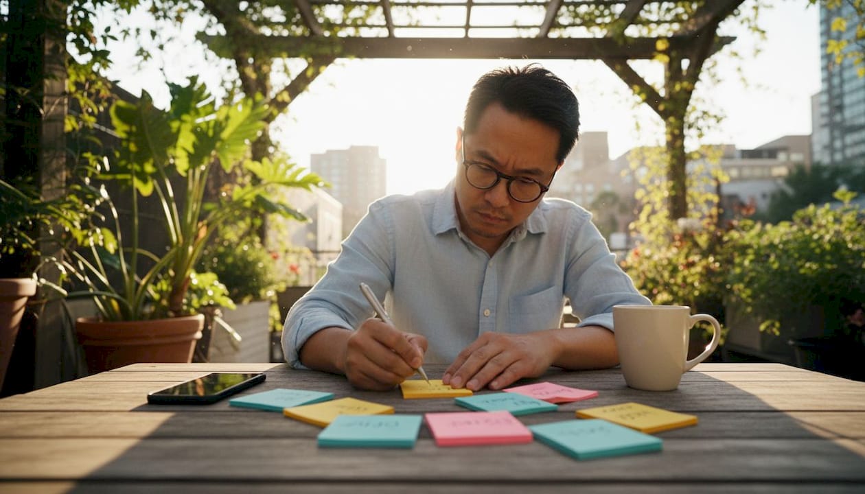 Man brainstorming and validating business niche ideas at café