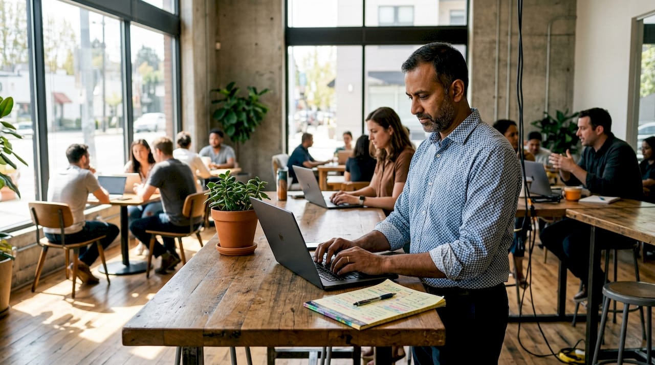 Over-shoulder shot typing email marketing calculation