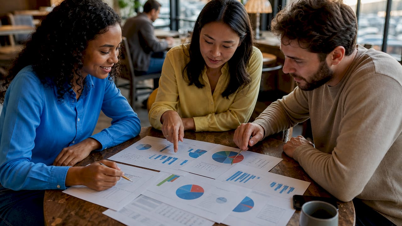 Team discussing email campaign performance charts