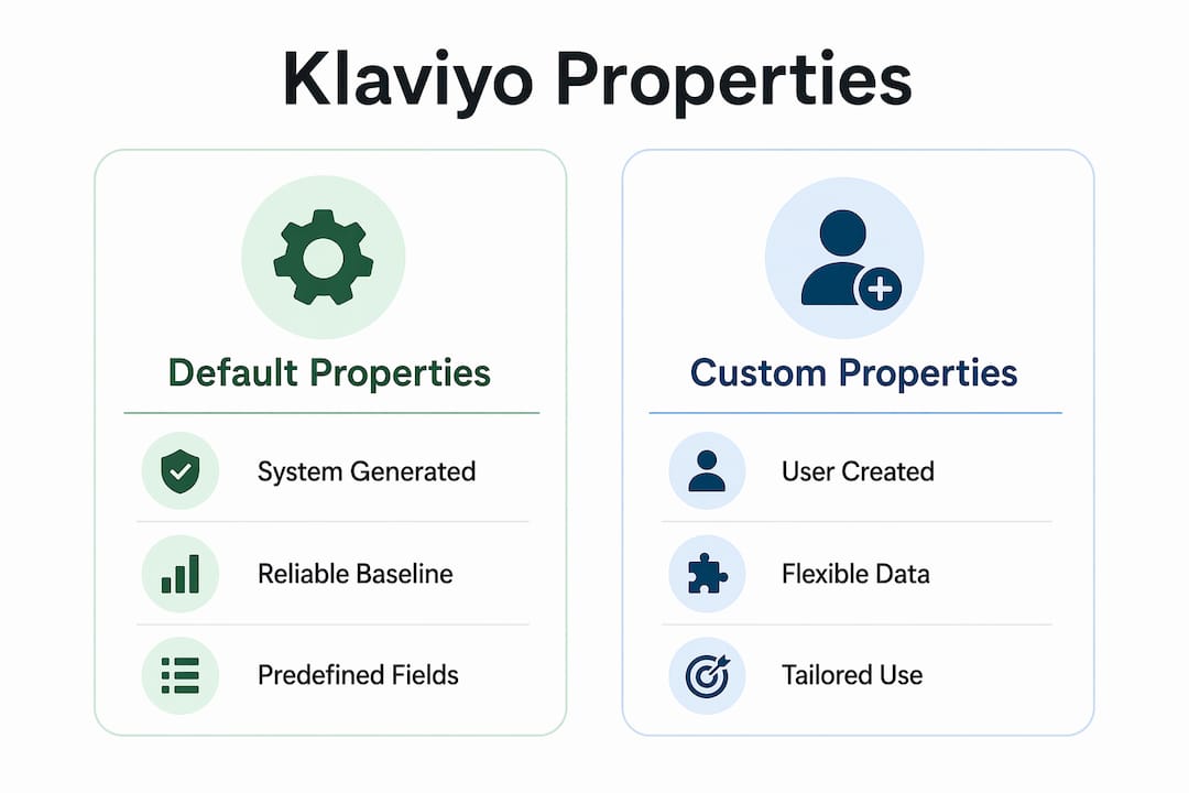 Infographic comparing default and custom Klaviyo properties