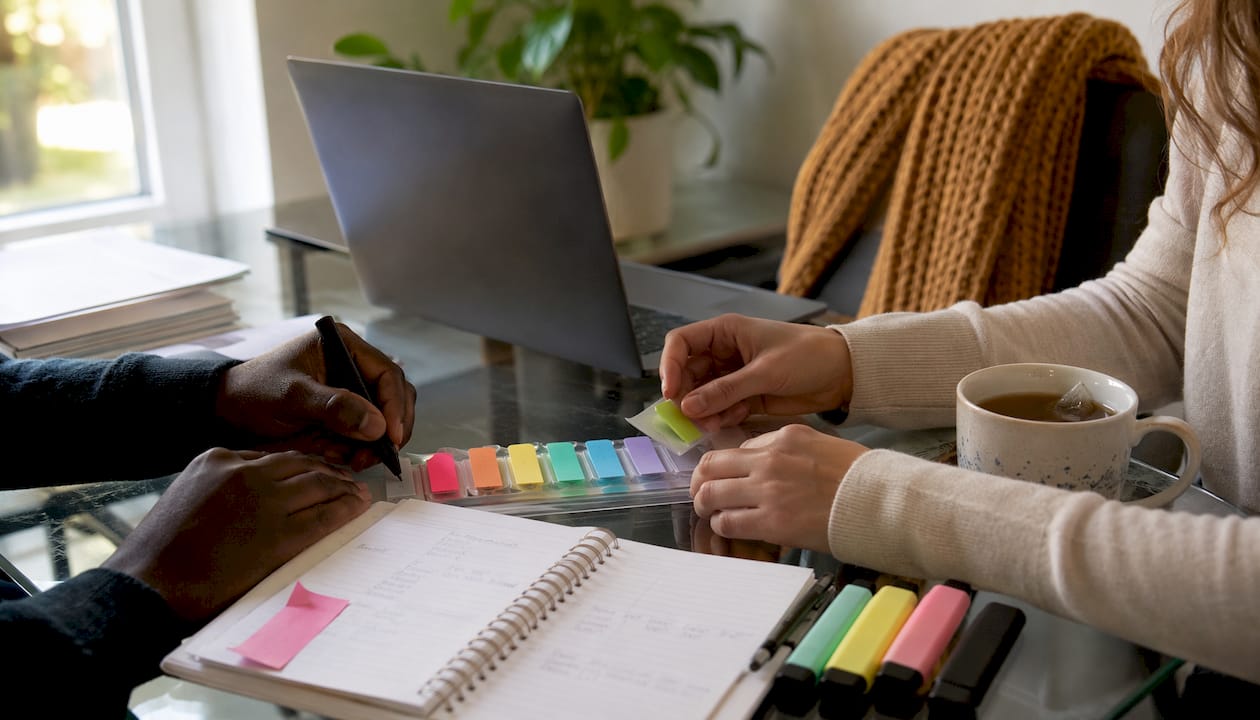 Hands labeling sticky notes for organization
