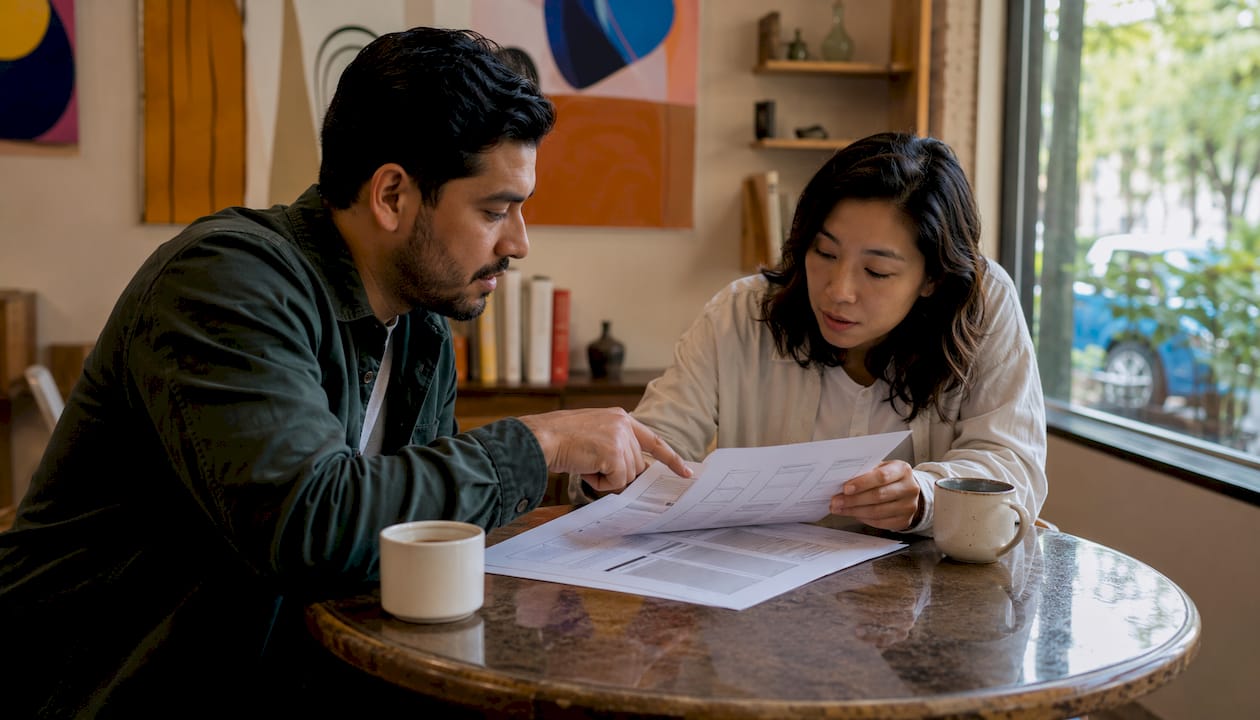 Two designers discussing email templates overhead