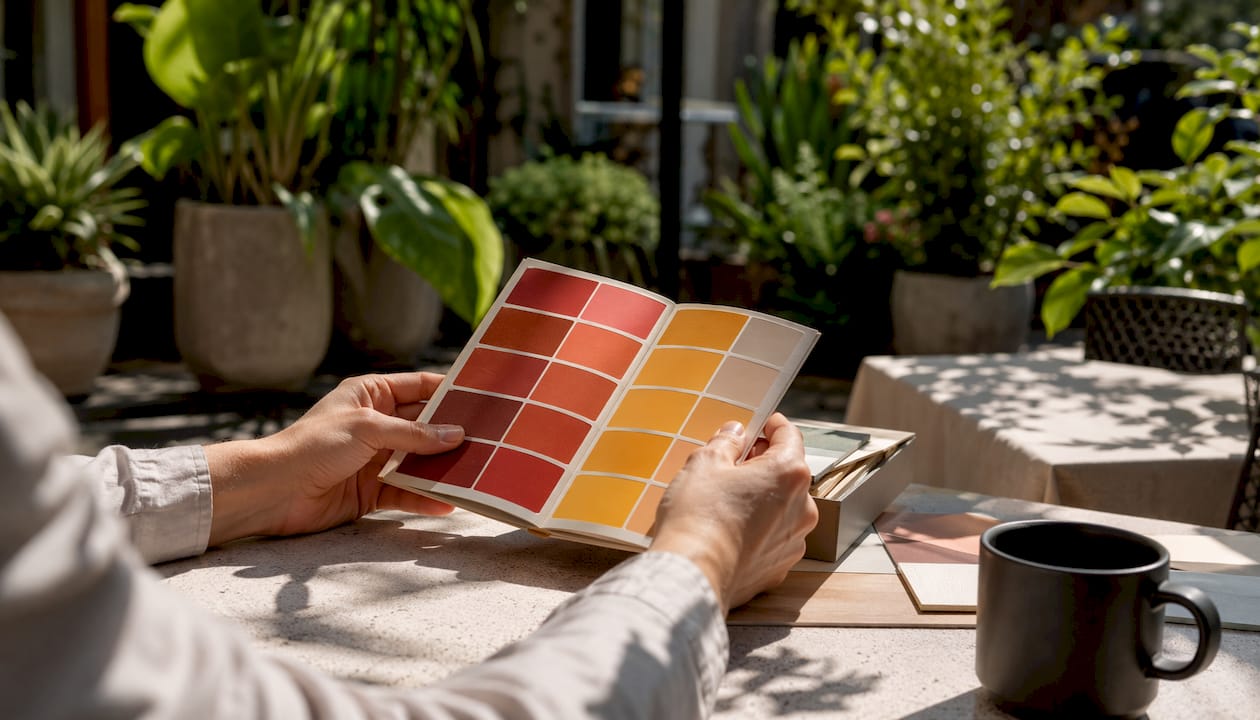 Hands holding color swatches on design desk