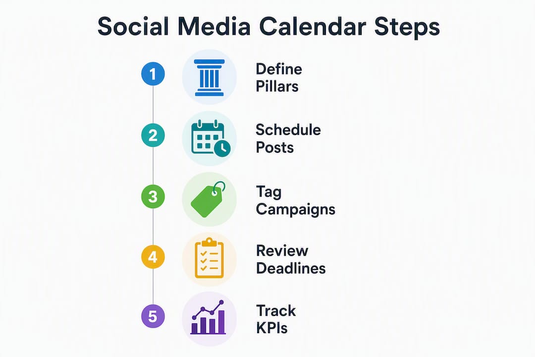 Infographic with step-by-step social media calendar process