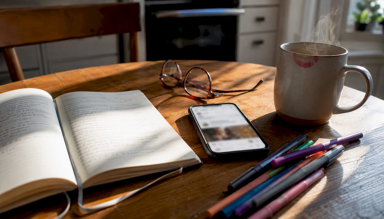 Flat lay of social media engagement tools and question