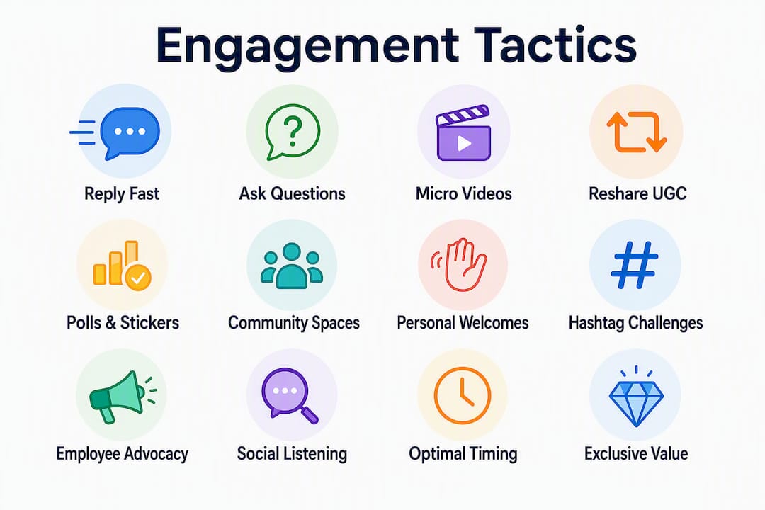 Infographic showing 12 social media engagement tactics