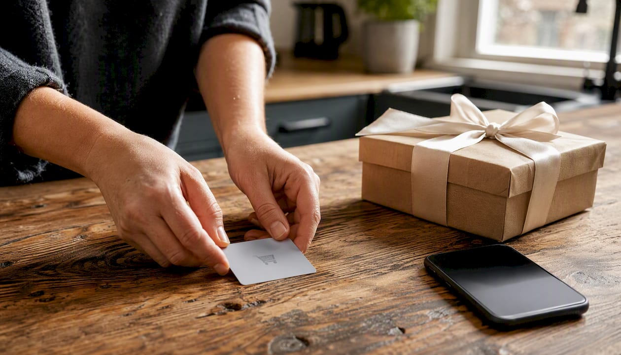 Hands placing reminder card on table