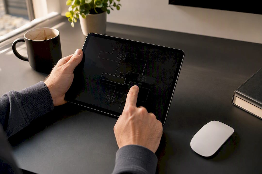 Hands configuring email flow on tablet