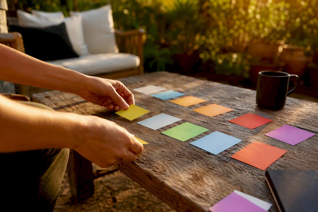 Hands arranging cards for email campaign planning