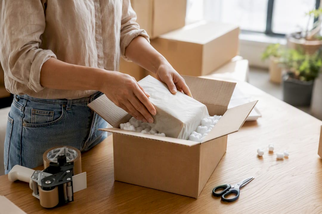 Hands packing ecommerce product shipment box