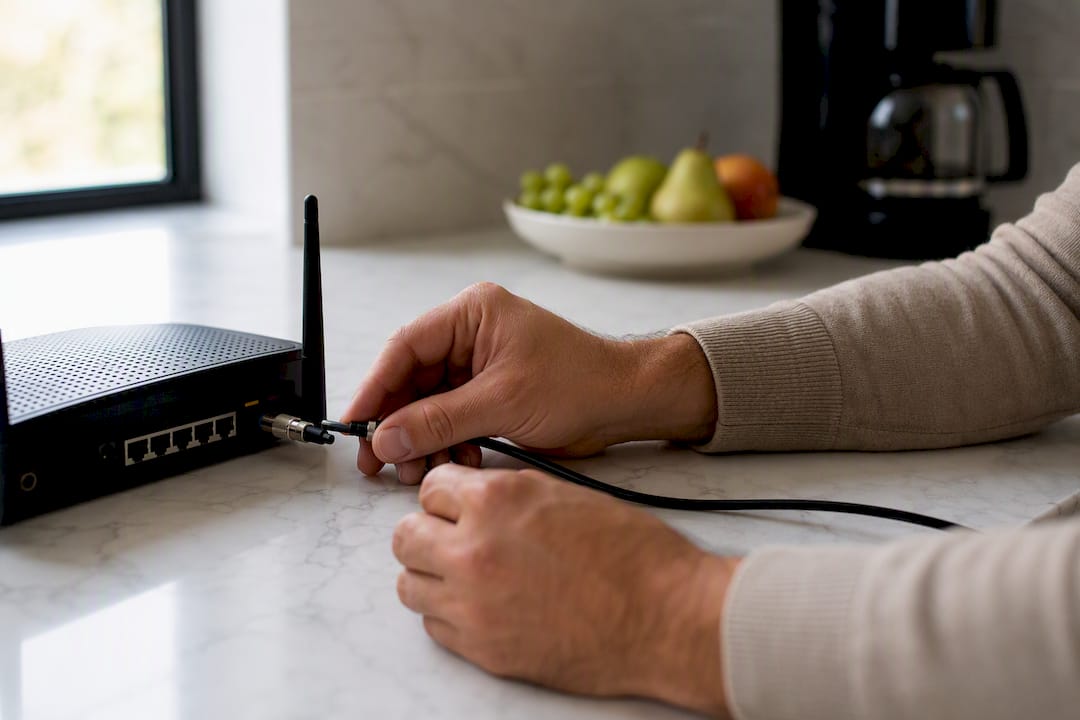 Hands connecting cable to router