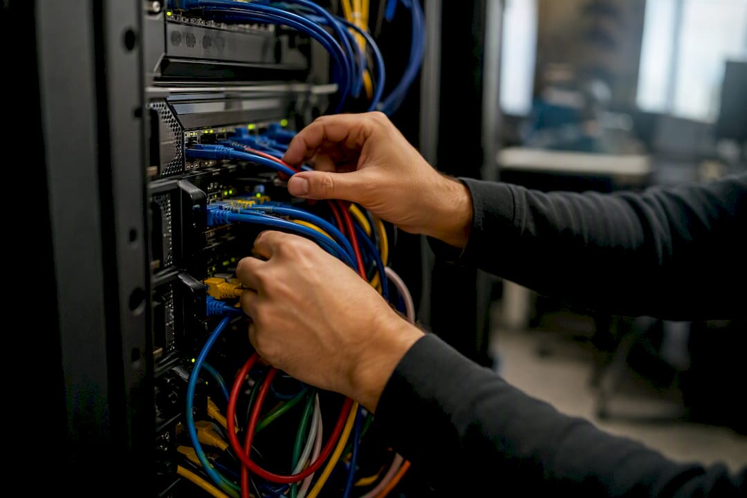 Hands managing network cables in server rack