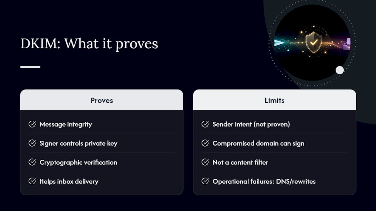 What DKIM Actually Proves (and Where It Stops) — overview diagram