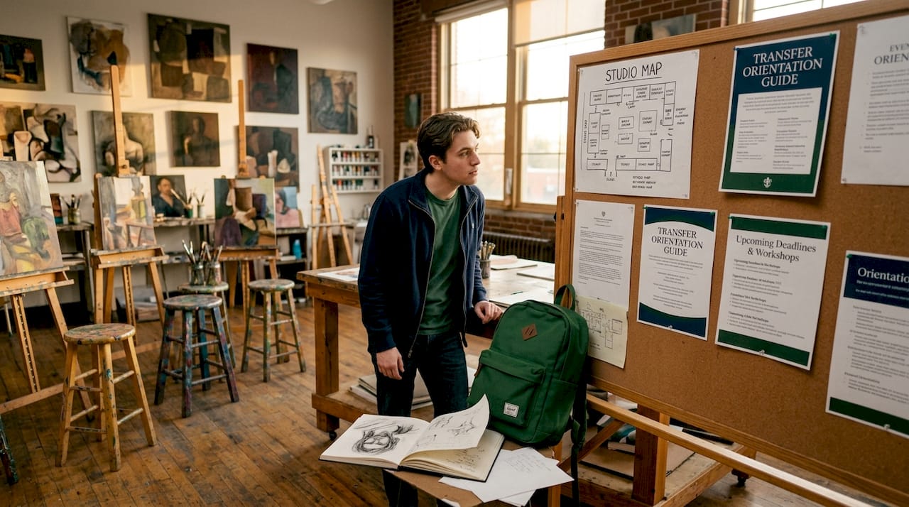 Student looking at art studio orientation board