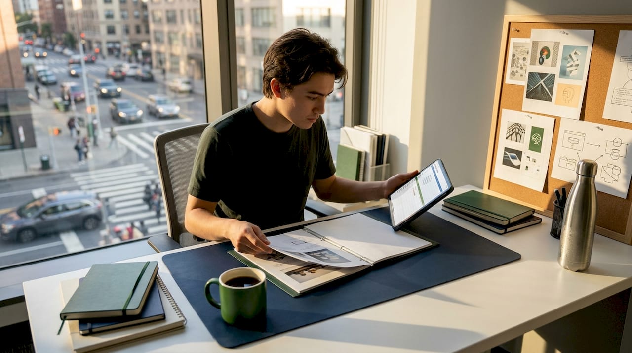 Design student preparing college portfolio at desk