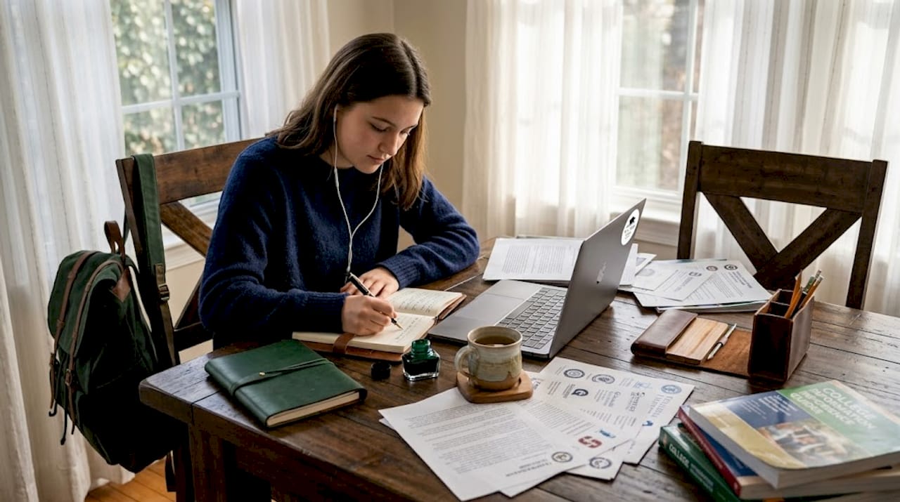 Student drafting college essay at kitchen table